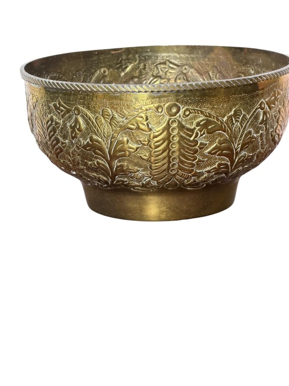 Vintage brass bowl planter with repousse' and chasing 10" diameter